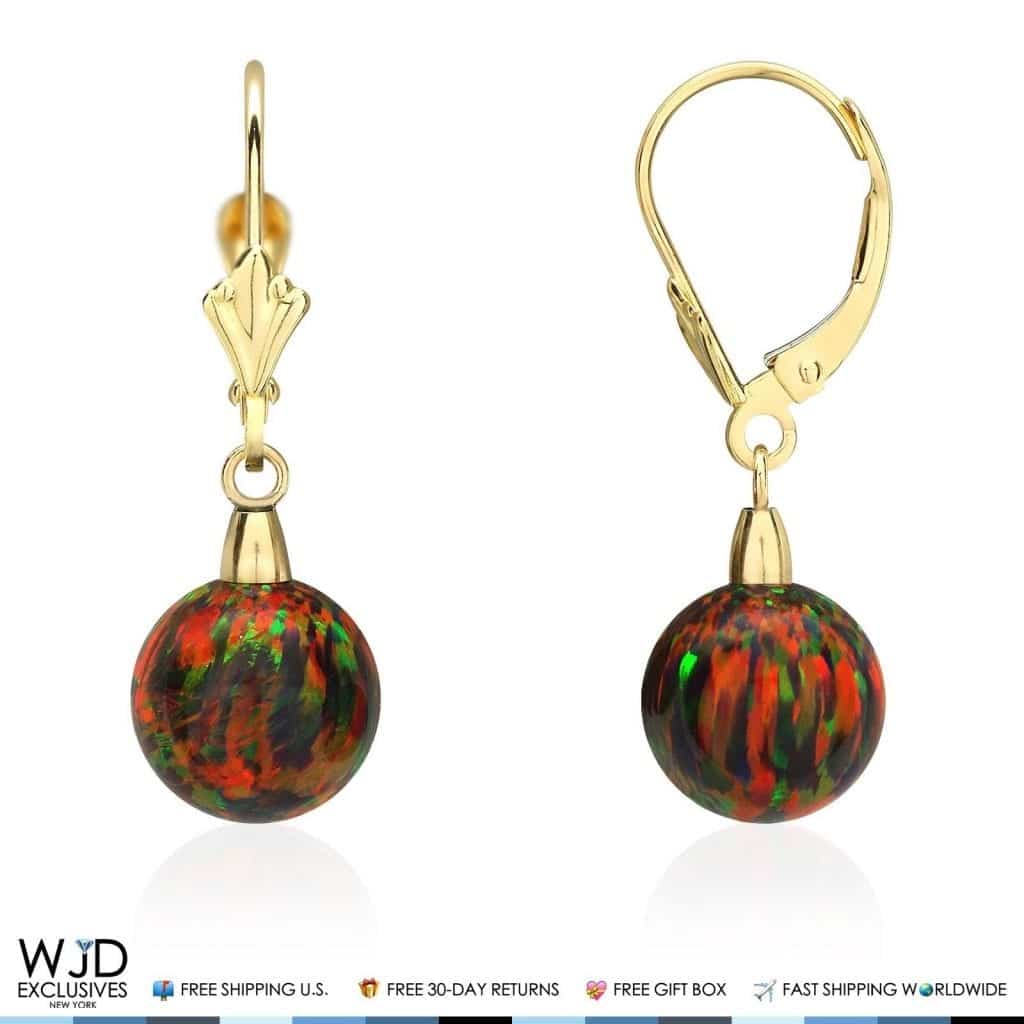 6mm-10mm Ball Shaped Black Fire Opal Dangle Leverback Earrings 14K Yellow Gold