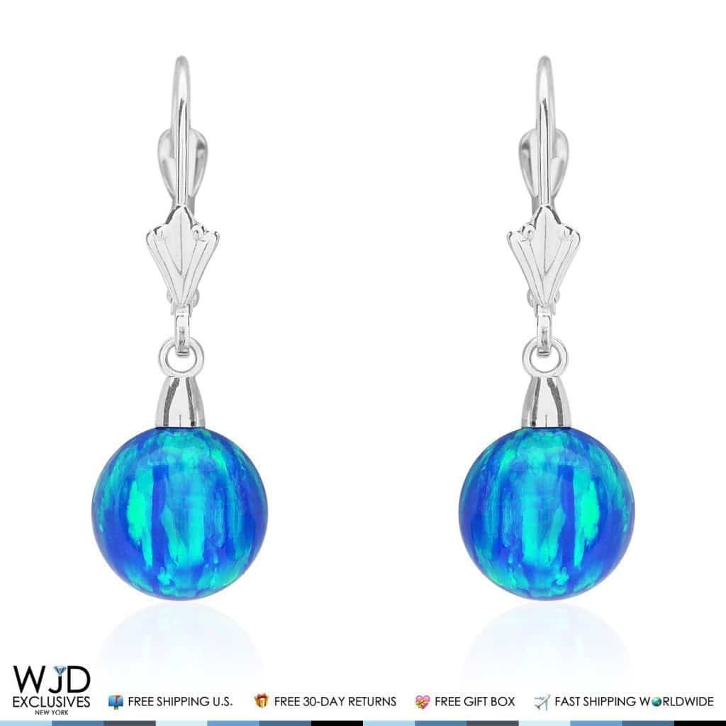 14K Solid White Gold 9mm Ball Shaped Blue Fire Opal Leverback Dangle Earrings