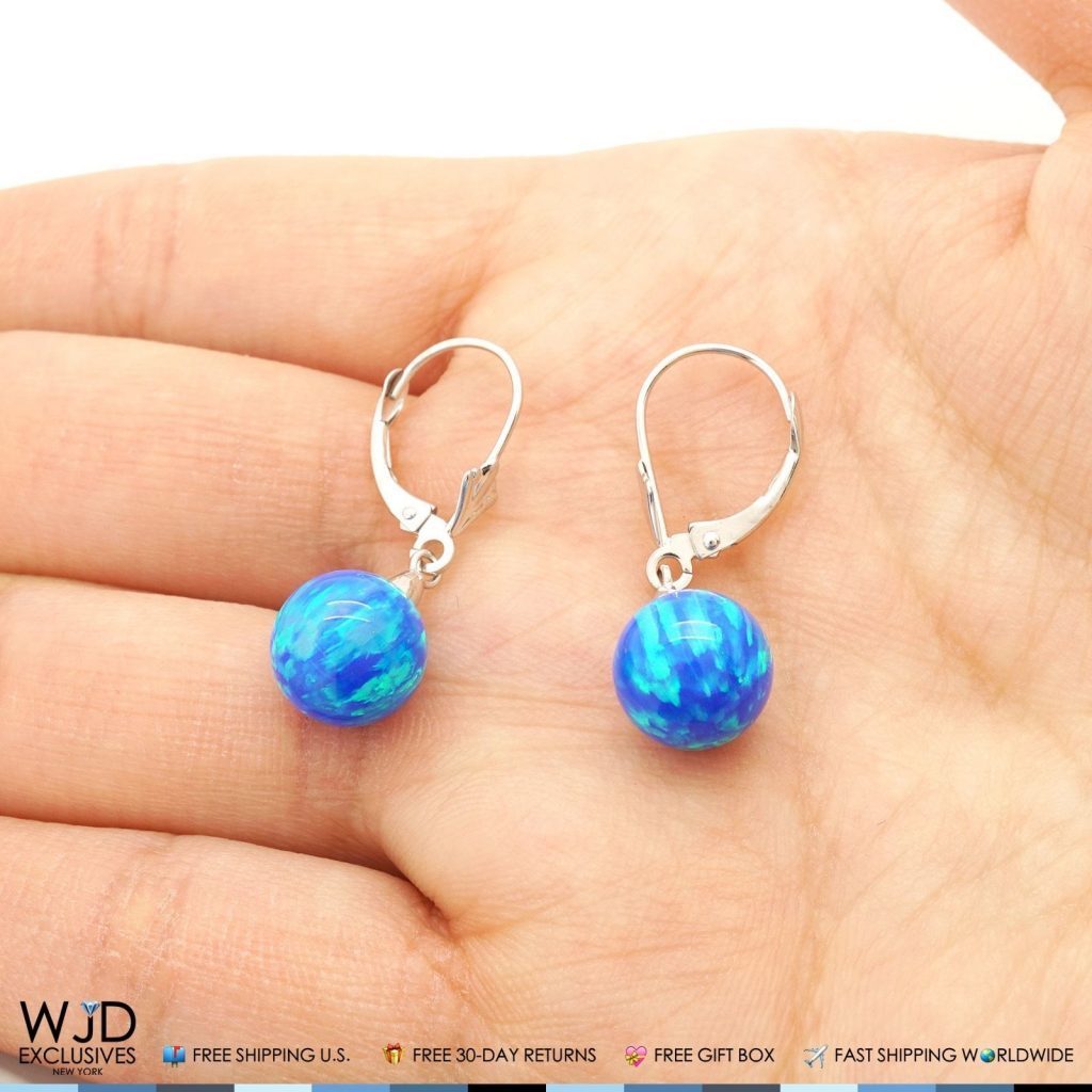 14K Solid White Gold 9mm Ball Shaped Blue Fire Opal Leverback Dangle Earrings