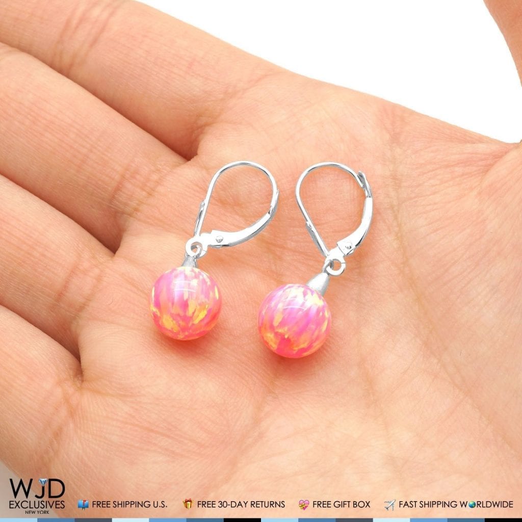 6mm-10mm Ball Peach Pink Fire Opal Leverback Dangle Earrings 14K White Gold