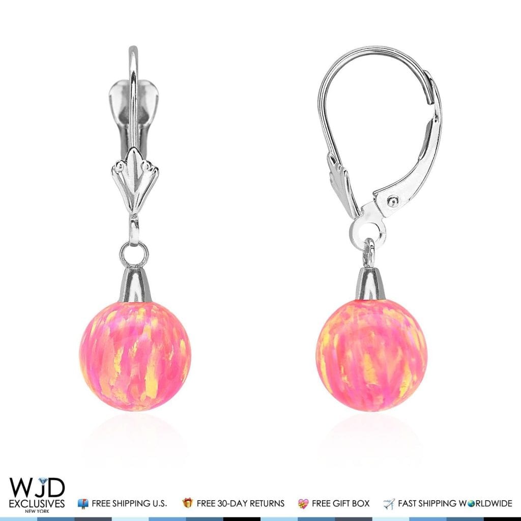 6mm-10mm Ball Peach Pink Fire Opal Leverback Dangle Earrings 14K White Gold