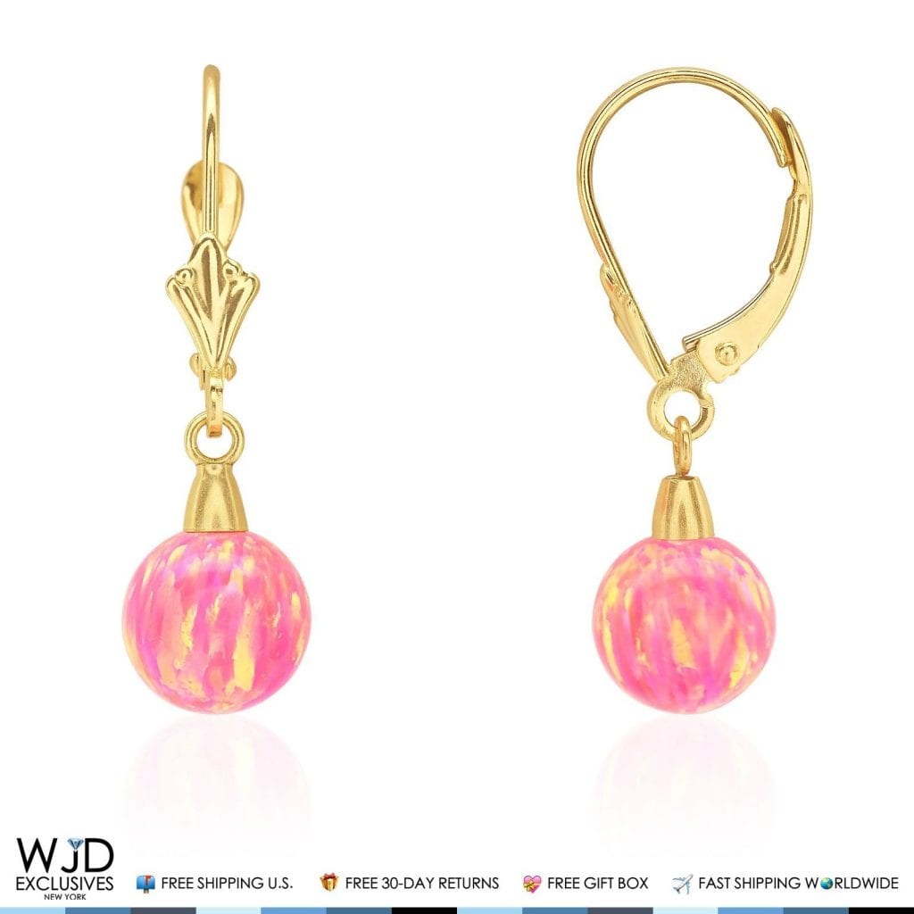 14K Yellow Gold 6mm-10mm Ball Peach Pink Fire Opal Leverback Dangle Earrings
