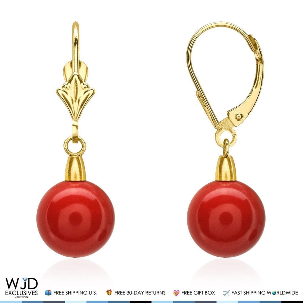 9 mm Ball Shaped Red Coral Leverback Dangle Earrings 14K Solid Yellow Gold 1"