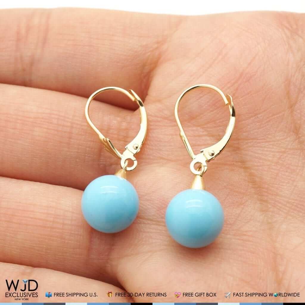 14k Yellow Gold Sky Blue Turquoise Ball Drop Leverback Earrings 6mm-10mm