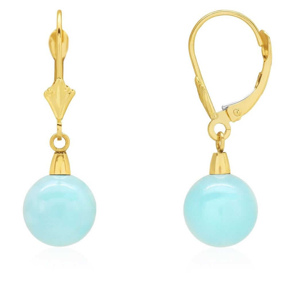 14k Yellow Gold Sky Blue Turquoise Ball Drop Leverback Earrings 6mm-10mm