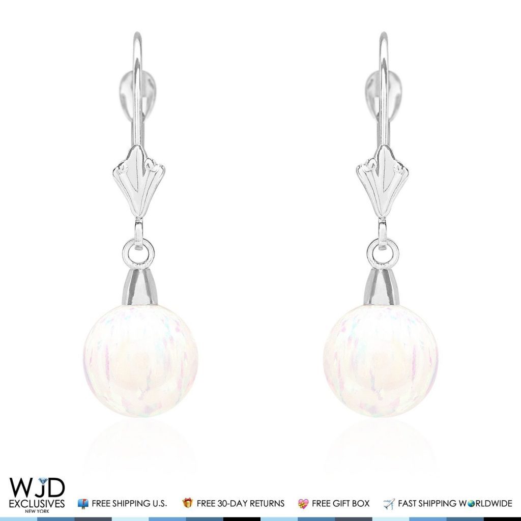 9 mm Ball Shaped White Fire Opal Leverback Dangle Earrings 14K Solid White Gold