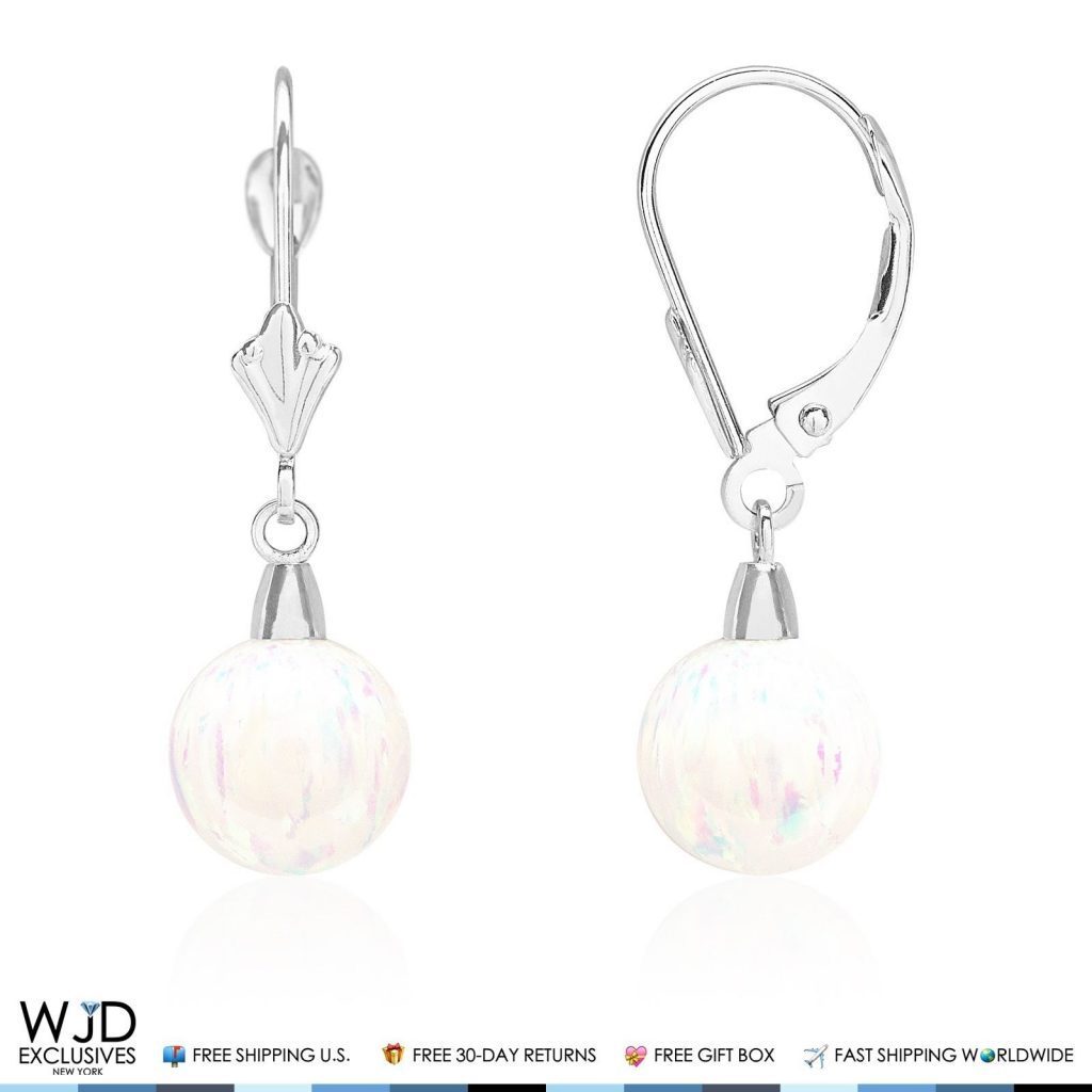 9 mm Ball Shaped White Fire Opal Leverback Dangle Earrings 14K Solid White Gold