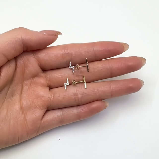 14K Real Gold Yellow Rose CZ Lightning Bolt Stud Push Back Earrings