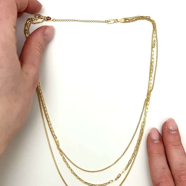 14K Gold Rolo Paper Clip Curb Chain Triple Layered Necklace 16"-18"