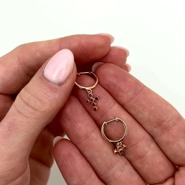 0.10CTW Real Diamond 14K Rose Gold Red Ruby Cross Earrings 23mm