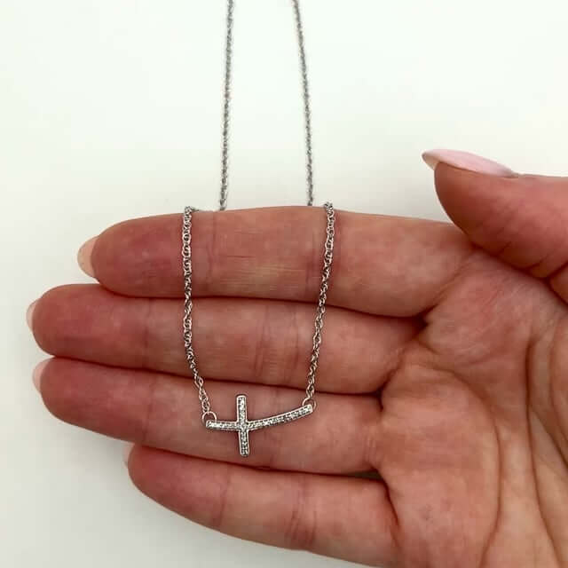 Real Diamond 18K White Gold Over Silver Sideways Cross Pendant Necklace 18"