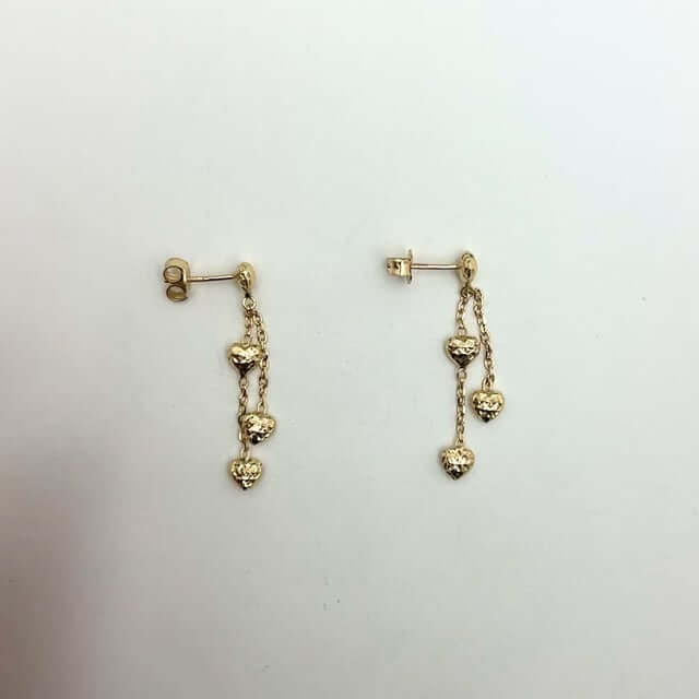 14K Yellow Gold Diamond Cut 3-Puffed Heart On Cable Strand Drop Earrings