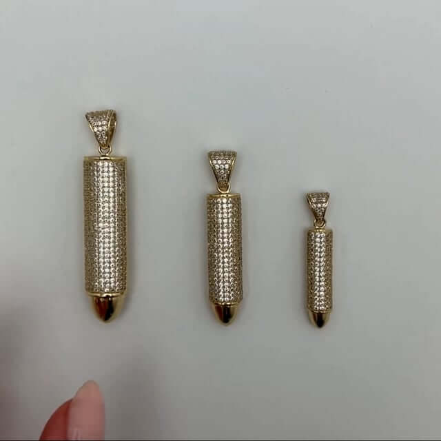 14K Real Gold Bullet-Shaped CZ Pendant 1.7" 2.2" 2.6"