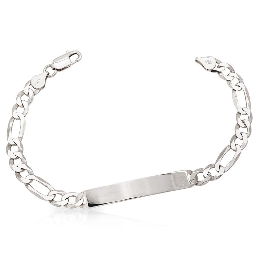 925 Sterling Silver 6.5mm Figaro I.D. Bar Bracelet 8"