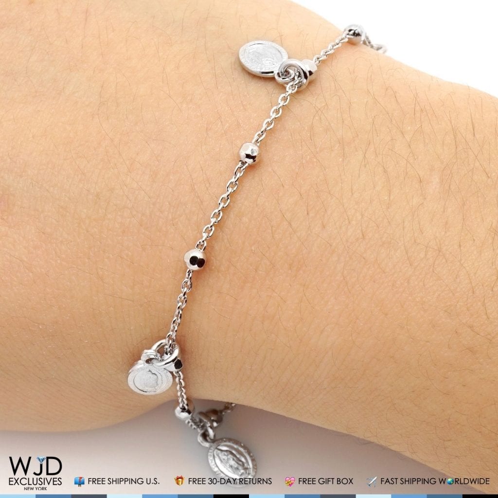 925 Sterling Silver Cable Guadalupe Medal Religious Charm Bracelet 7"
