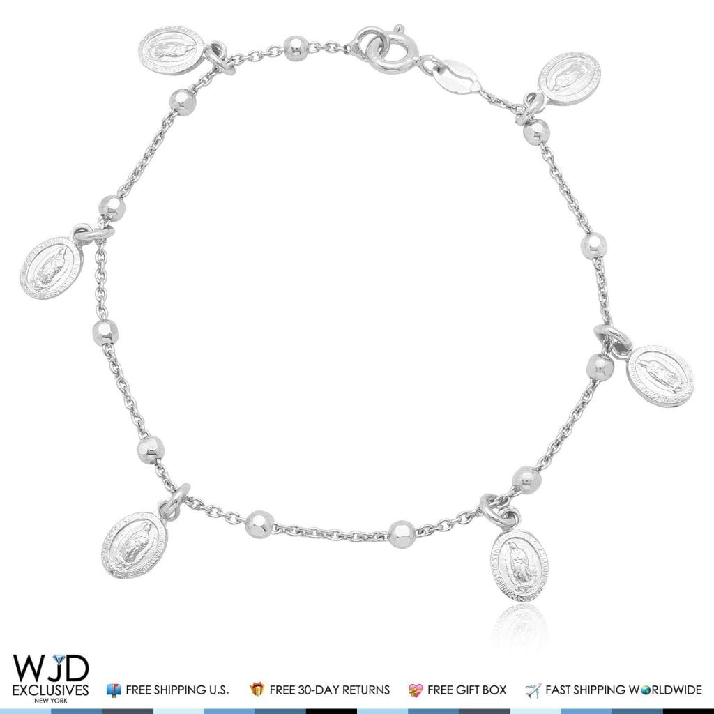 925 Sterling Silver Cable Guadalupe Medal Religious Charm Bracelet 7"