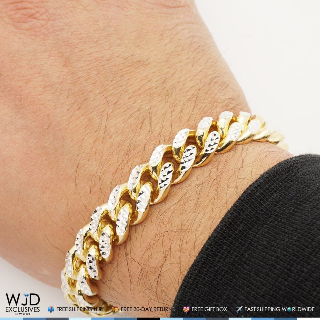 Yellow Gold Over Silver Diamond-Cut 12mm Wide Miami Cuban Bracelet 9"