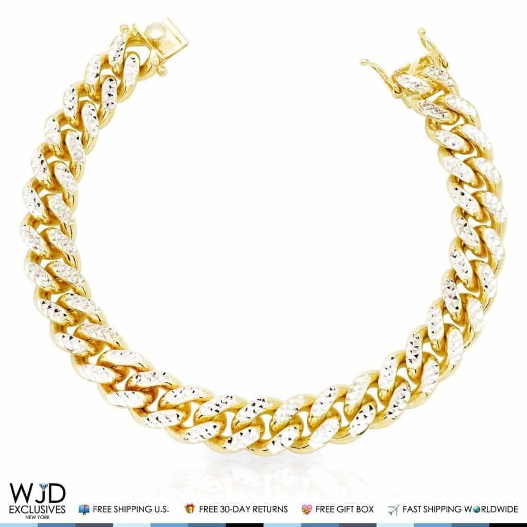 Yellow Gold Over Silver Diamond-Cut 12mm Wide Miami Cuban Bracelet 9"