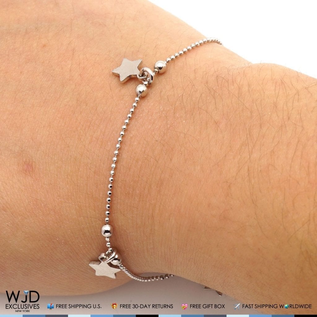 925 Sterling Silver Petite Stars Bead Ball Charm Bracelet 7"