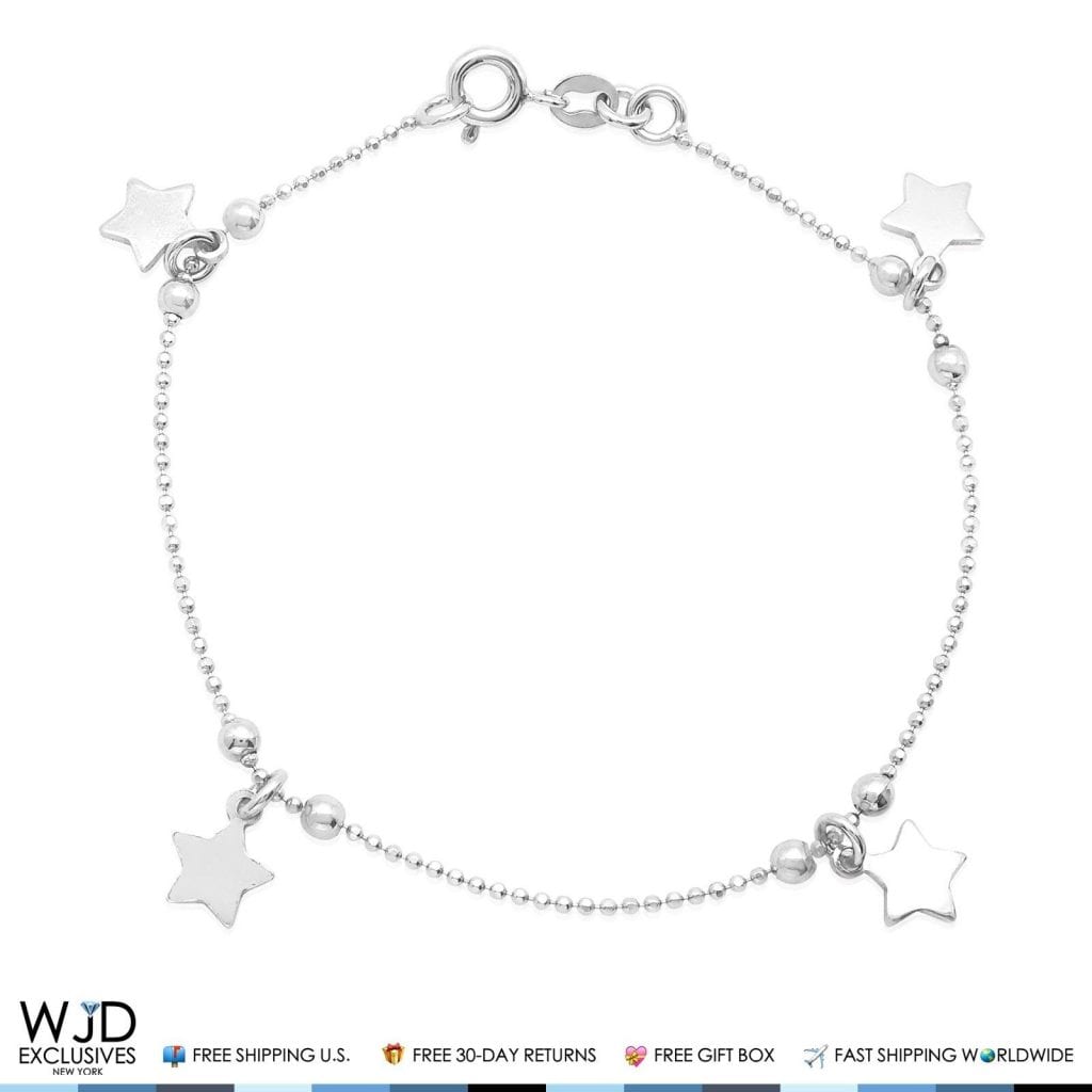 925 Sterling Silver Petite Stars Bead Ball Charm Bracelet 7"