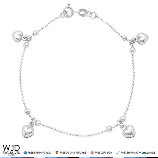 Sterling Silver Puffed Hearts Bead Ball Charm Bracelet 7.25"