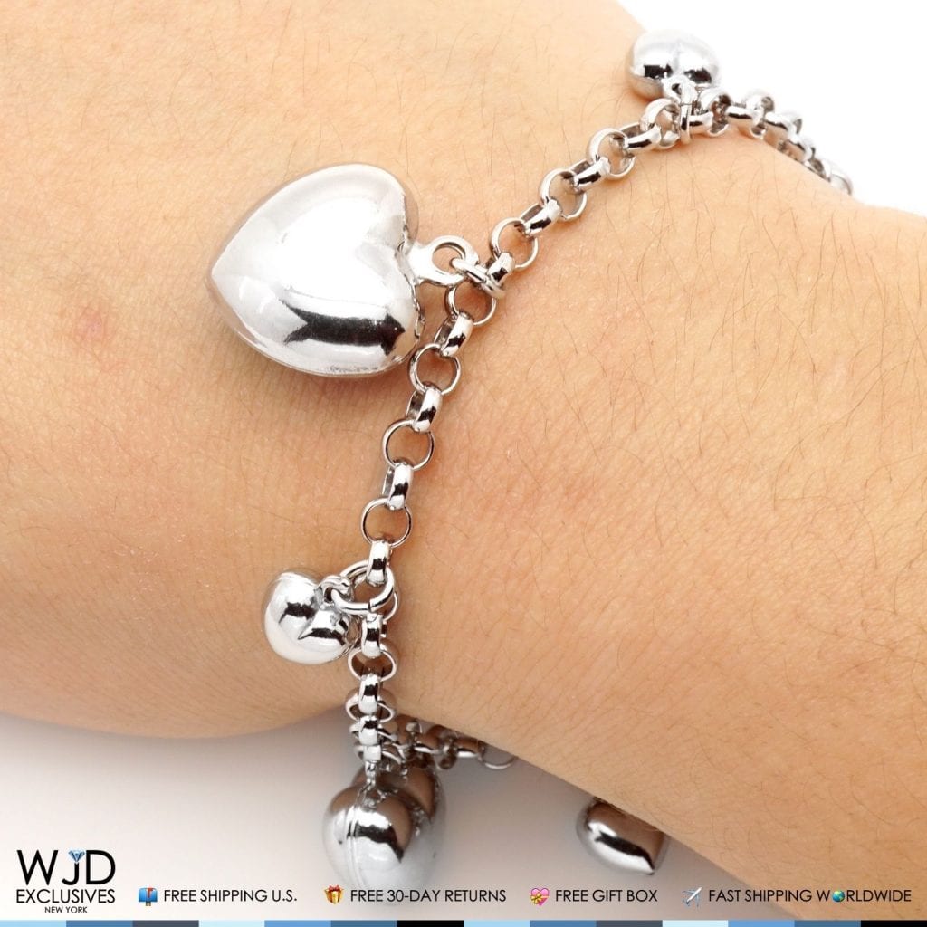925 Sterling Silver Puffed Hearts Rolo Charm Bracelet 8"