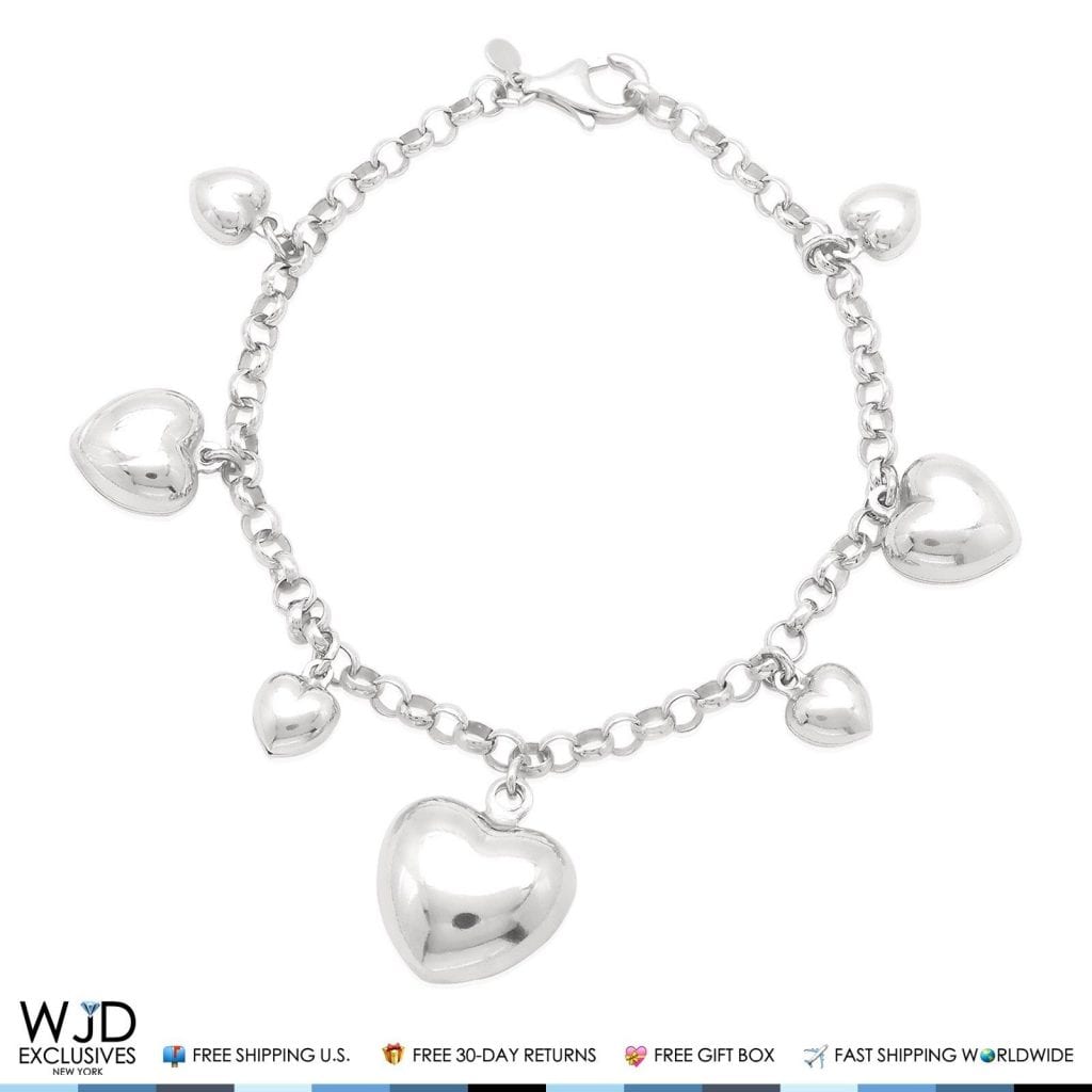 925 Sterling Silver Puffed Hearts Rolo Charm Bracelet 8"