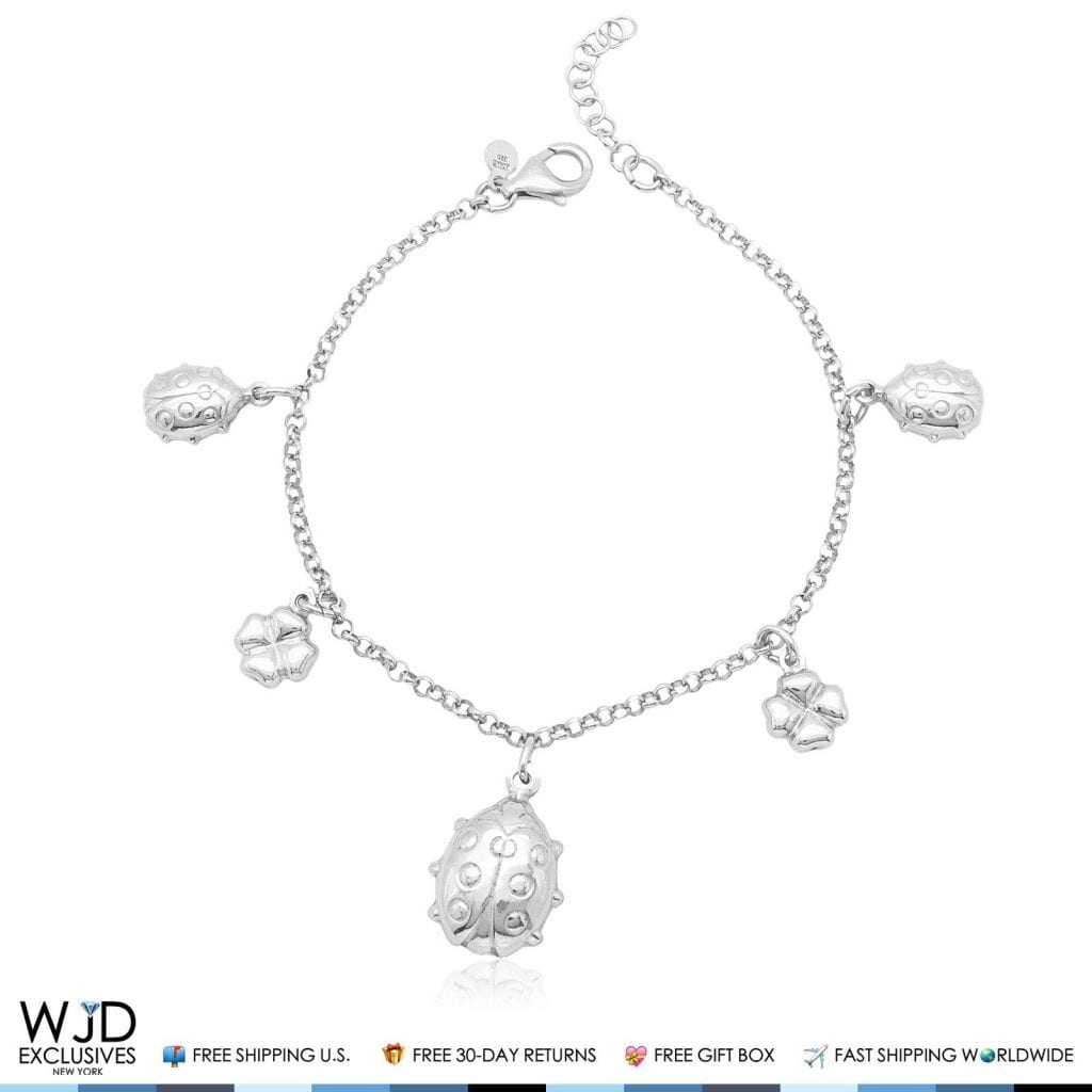 925 Sterling Silver Puffed Ladybug Leaf Rolo Charm Bracelet 6-8"