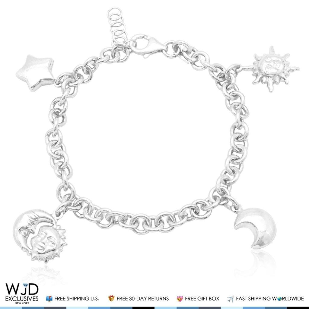 925 Sterling Silver Puffed Sun Moon Stars Rolo Charm Bracelet 6-8"