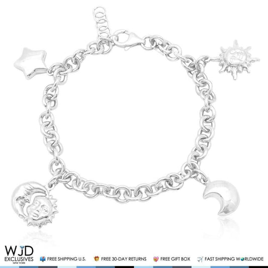 Sterling Silver Puffed Sun Moon Stars Rolo Charm Bracelet 6"-8"