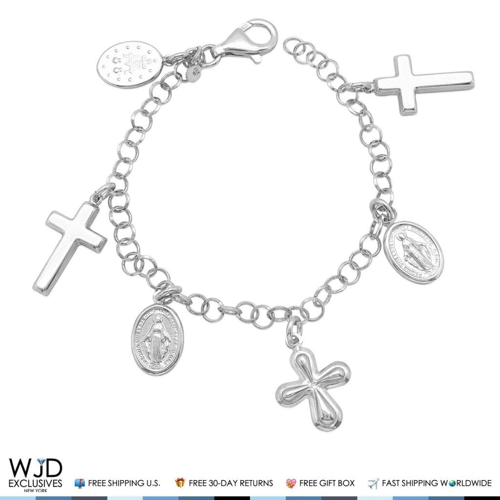 925 Sterling Silver Rolo Cross Virgin Mary Religious Charm Bracelet 8"