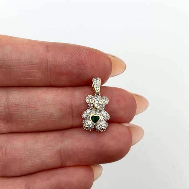 Real Diamond 10K Yellow Gold Heart Real Emerald Teddy Bear Pendant 0.75"