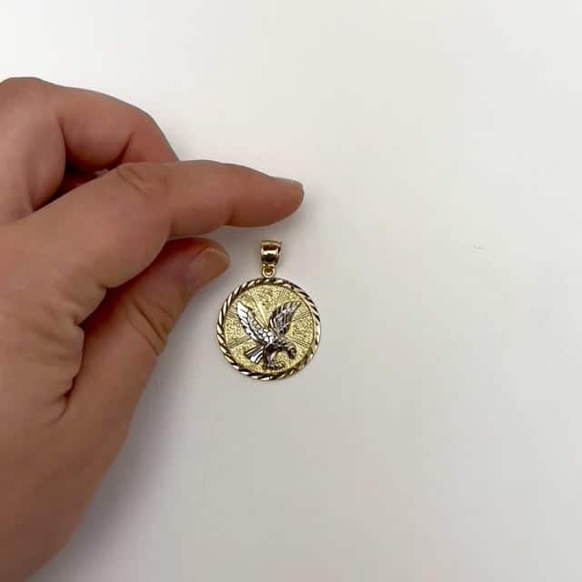 10K Gold Two-Tone Yellow White Textured Eagle Pendant 1.4"