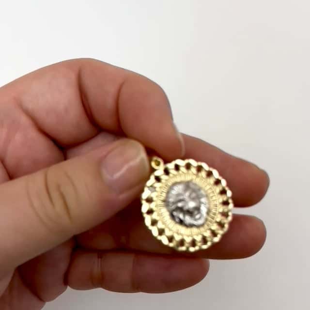 10K Gold Two-Tone Yellow White Textured Lion Head Pendant 1.2"