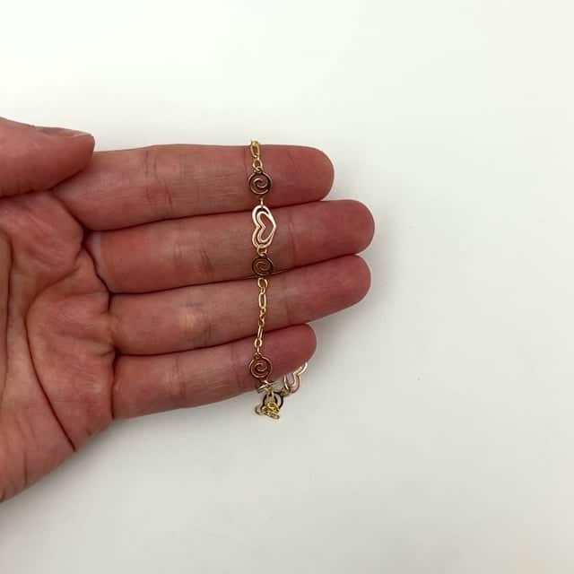 14K Gold Tri-Color Yellow Rose White Hearts Swirl Anklet Bracelet 10"