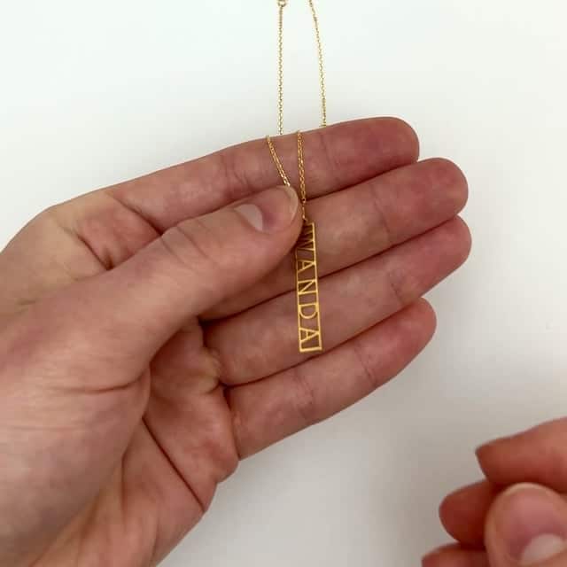 Customizable 14K Yellow Gold White Rose Vertical Nameplate 14"-18" Adjustable Necklace
