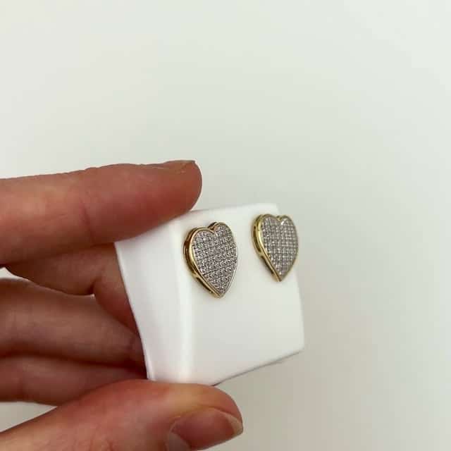 Natural Diamond 10K Gold Yellow White Pave Heart Screw Back Stud Earrings