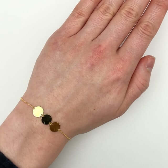 14K Real Gold Triple Circle Discs Bracelet 6.5"-7" Adjustable