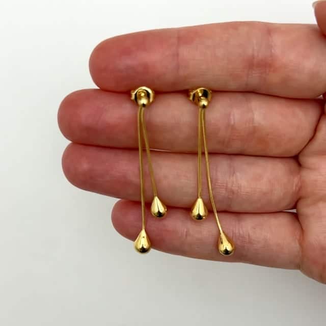 14K Real Gold Polished Double Teardrop Drop Flexible Earrings 55mm