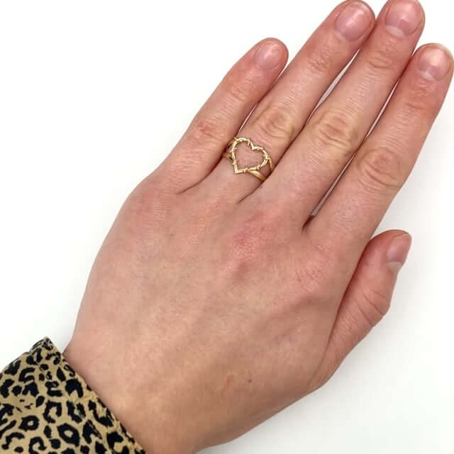 14K Real Gold Barbed Wire Open Heart Cocktail Ring