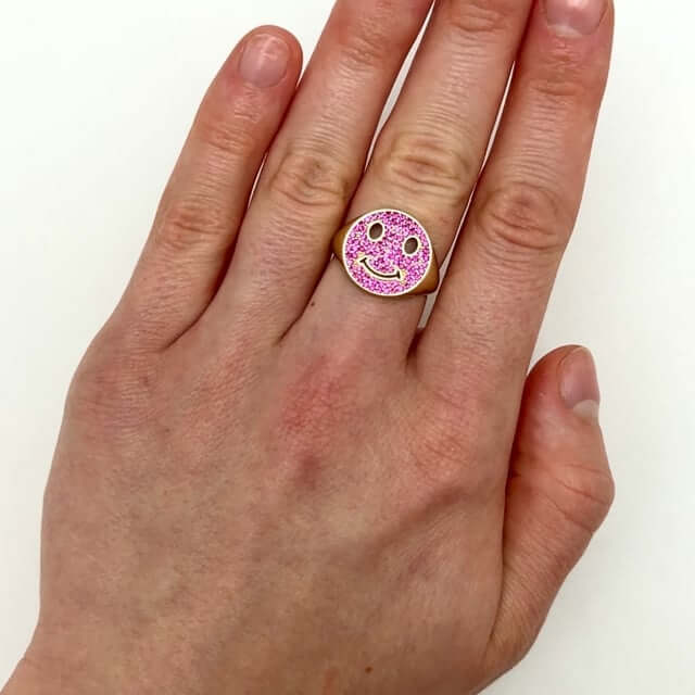 14K Real Gold 0.80CTW CZ White Pink Smiley Face Emoji Signet Ring