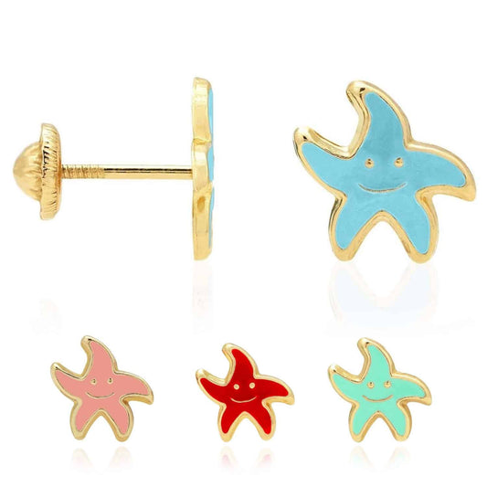 Kids 14K Yellow Gold Blue Pink Red Green Enamel Starfish Stud Earrings