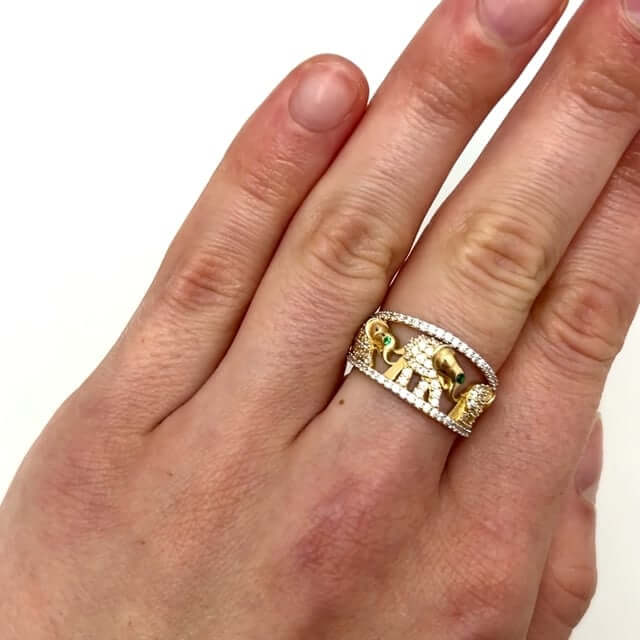 14K Real Gold .51CTW CZ Green Emerald Eyes Elephant Cocktail Ring