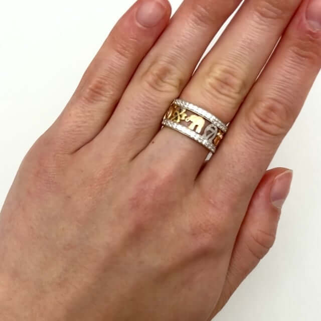 14K Real Gold CZ Elephant Horseshoe 4 Leaf Clover Cocktail Ring
