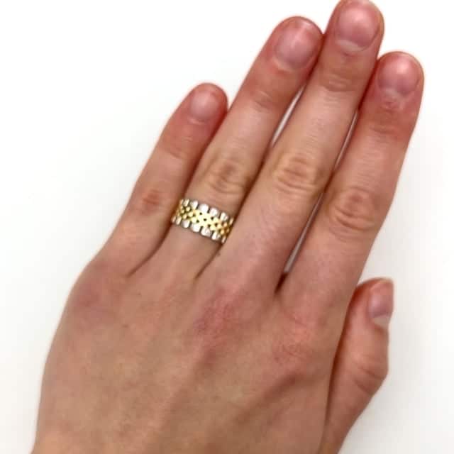 14K Real Two-Tone Gold CZ Woven Lattice Ring (Yellow & White)