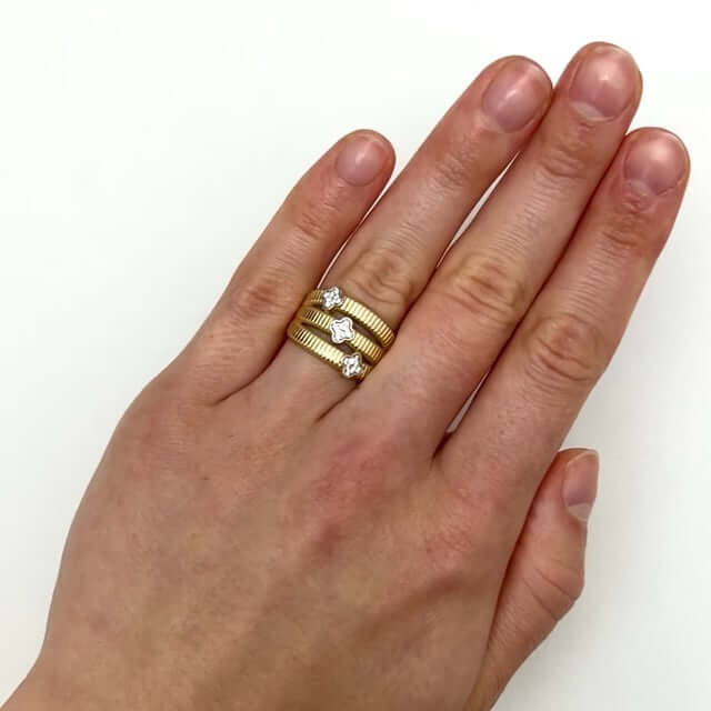 14K Gold CZ Triple Row Clover Cocktail Ring