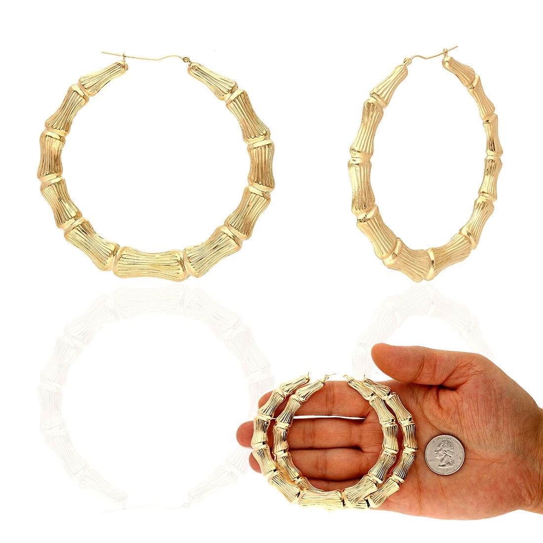 10K Yellow Gold Bamboo Hoop Earrings 17-85mm