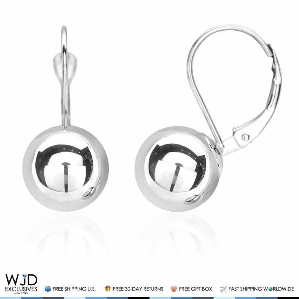9mm Diameter Ball Lever Back Earrings 14K Solid White Gold 0.8"
