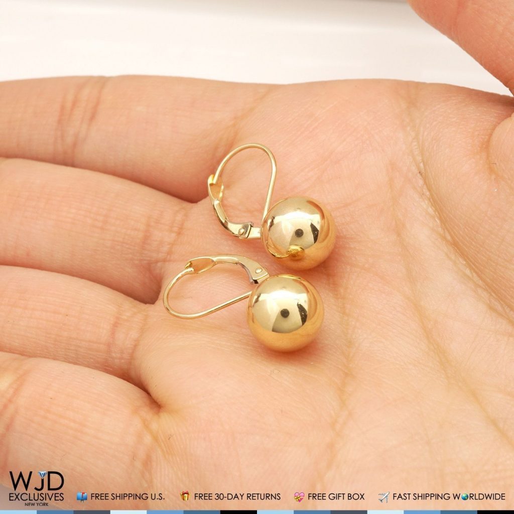 9mm Diameter Ball Lever Back Earrings 14K Solid Yellow Gold 0.8"