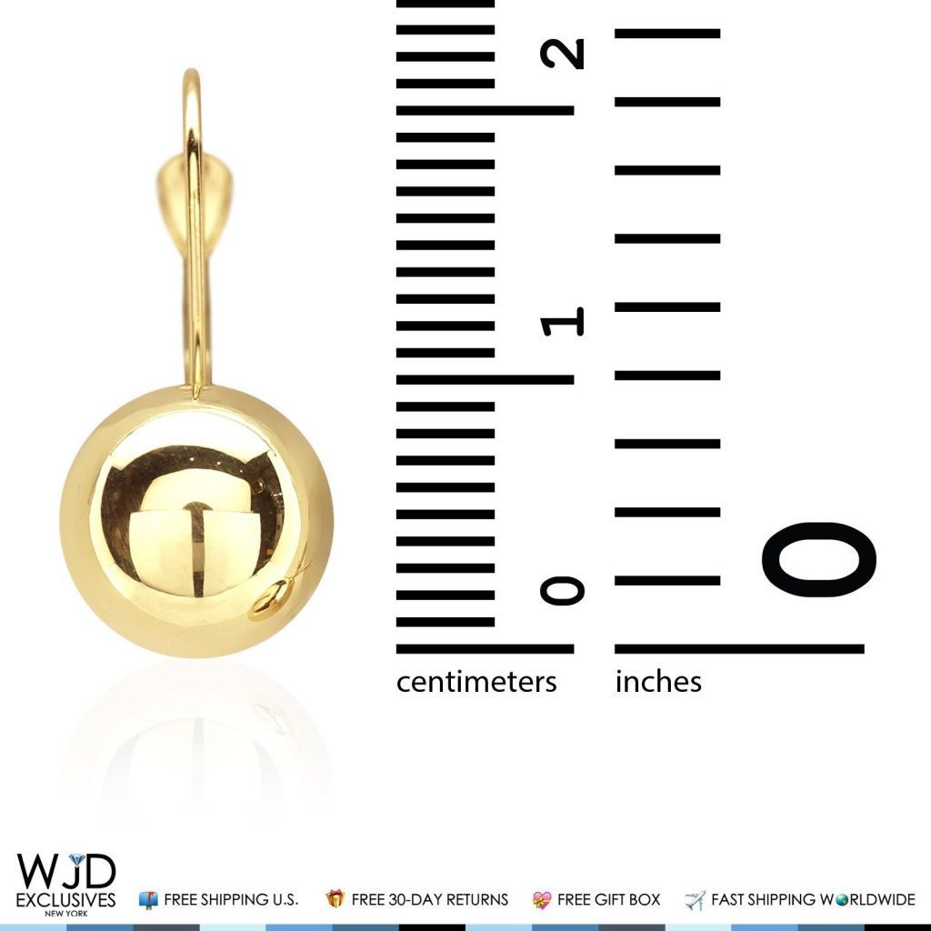 9mm Diameter Ball Lever Back Earrings 14K Solid Yellow Gold 0.8"